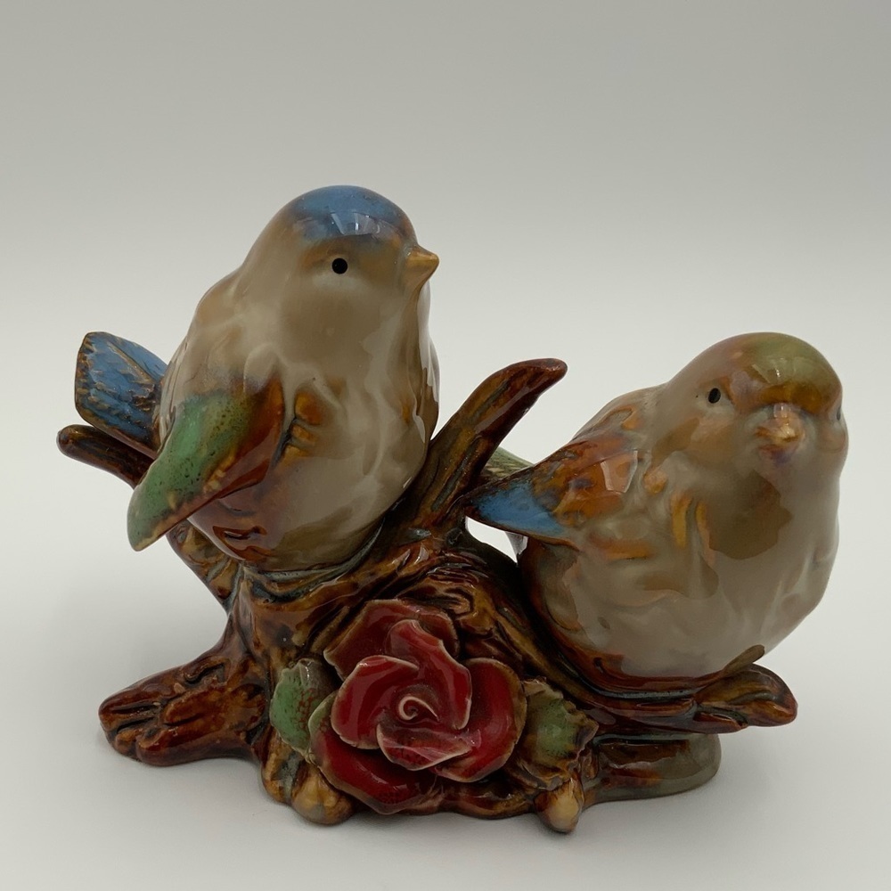 Vintage Art Pottery Ceramic Love Birds Perched on Branch With Rose